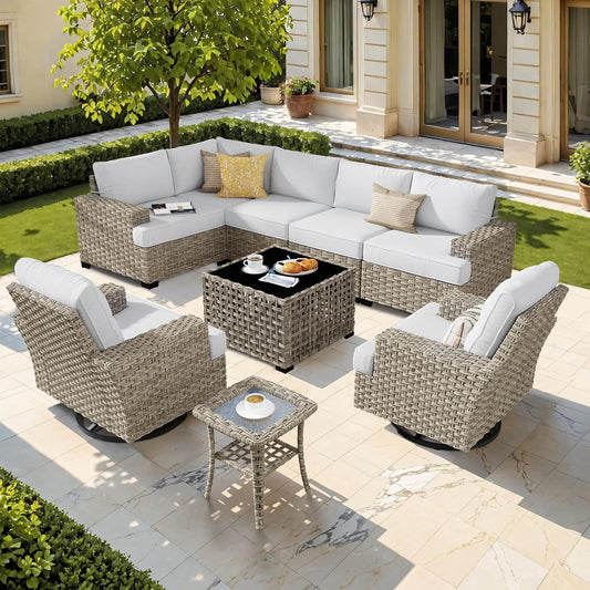 HOOOWOOO Outdoor Sectional Patio Furniture Set,9 Pieces Wicker Conversation Sets L Shaped Couch,Extra Deep Out Door Sofa Outside Furniture with Swivel Chairs,Light Gray