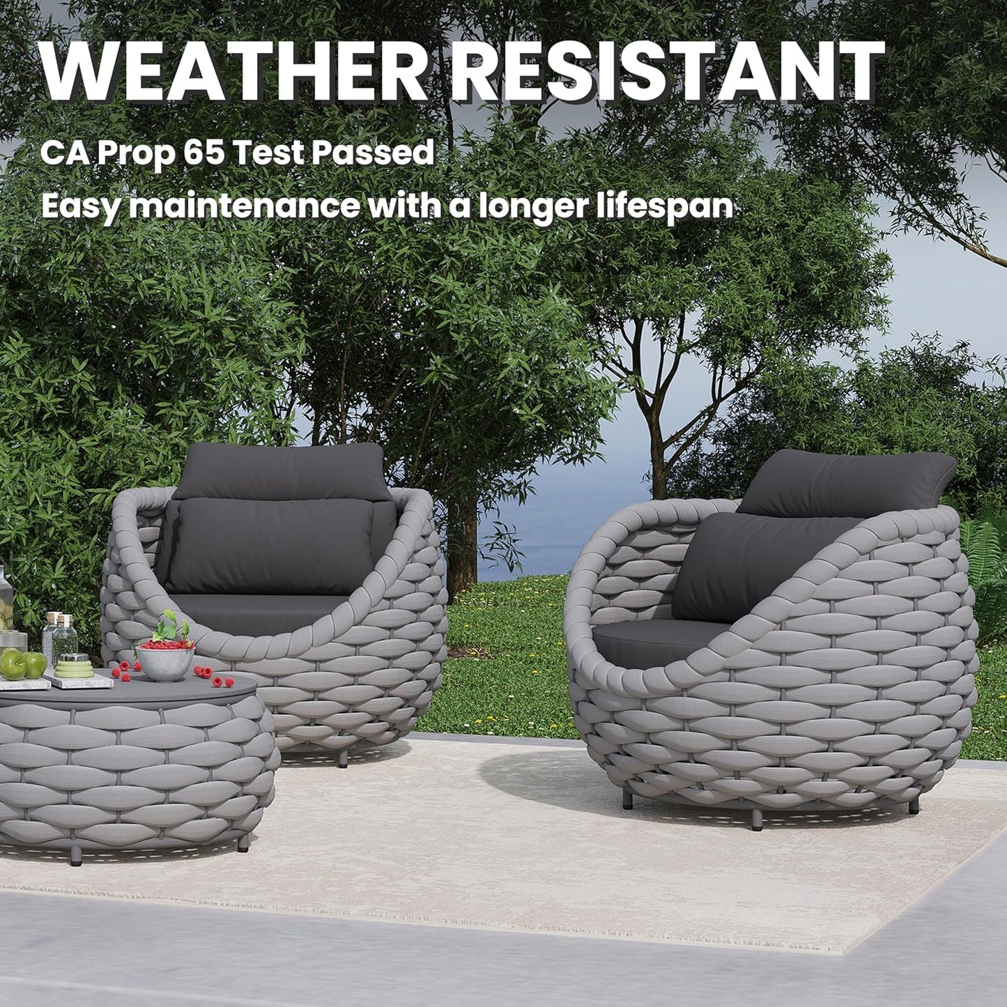 3 Pieces Aluminum Patio Furniture Sofa Sets: Hand Woven Rope Outdoor Conversation Set of 2 - Assembled Modern Cushions Couch Armchair Table Set - All Weather for Indoor Deck Porch Pool Hotel