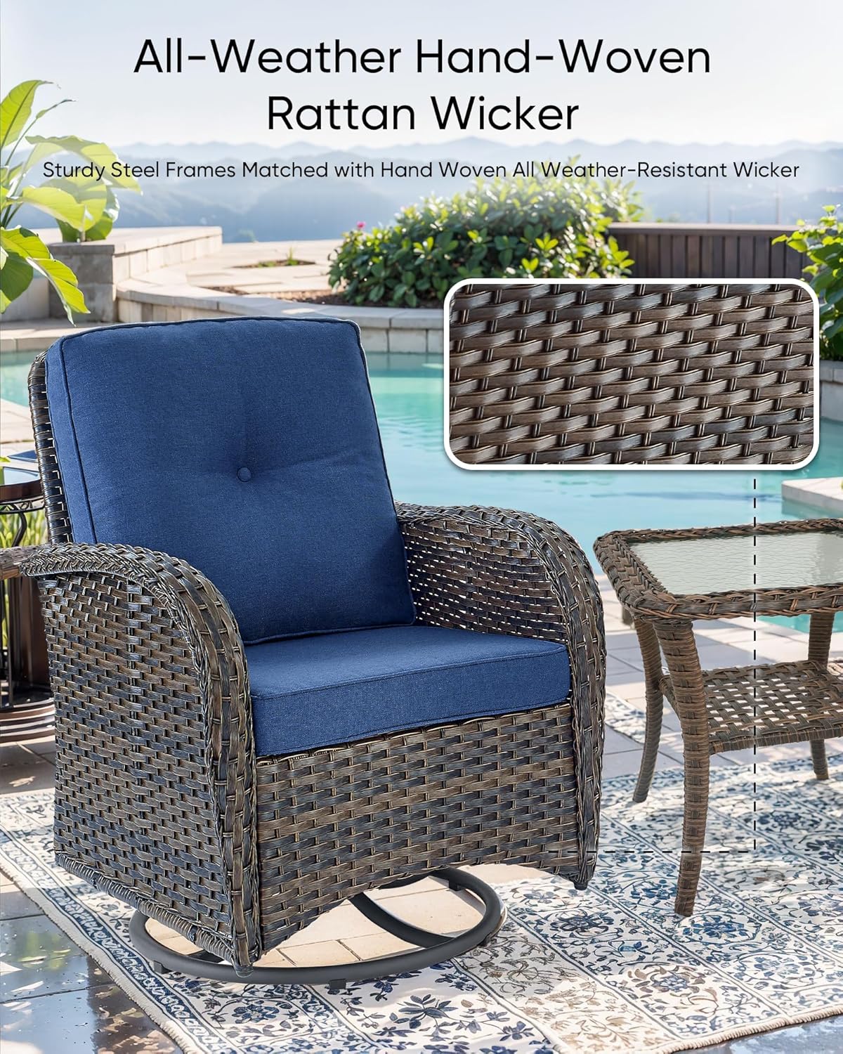 HUMMUH Outdoor Swivel Chairs,3 Pieces Patio Furniture Set with 360 Degree Wicker Swivel Rocking Chairs and Side Table for Garden,Porch,Backyard (Brown/Blue)