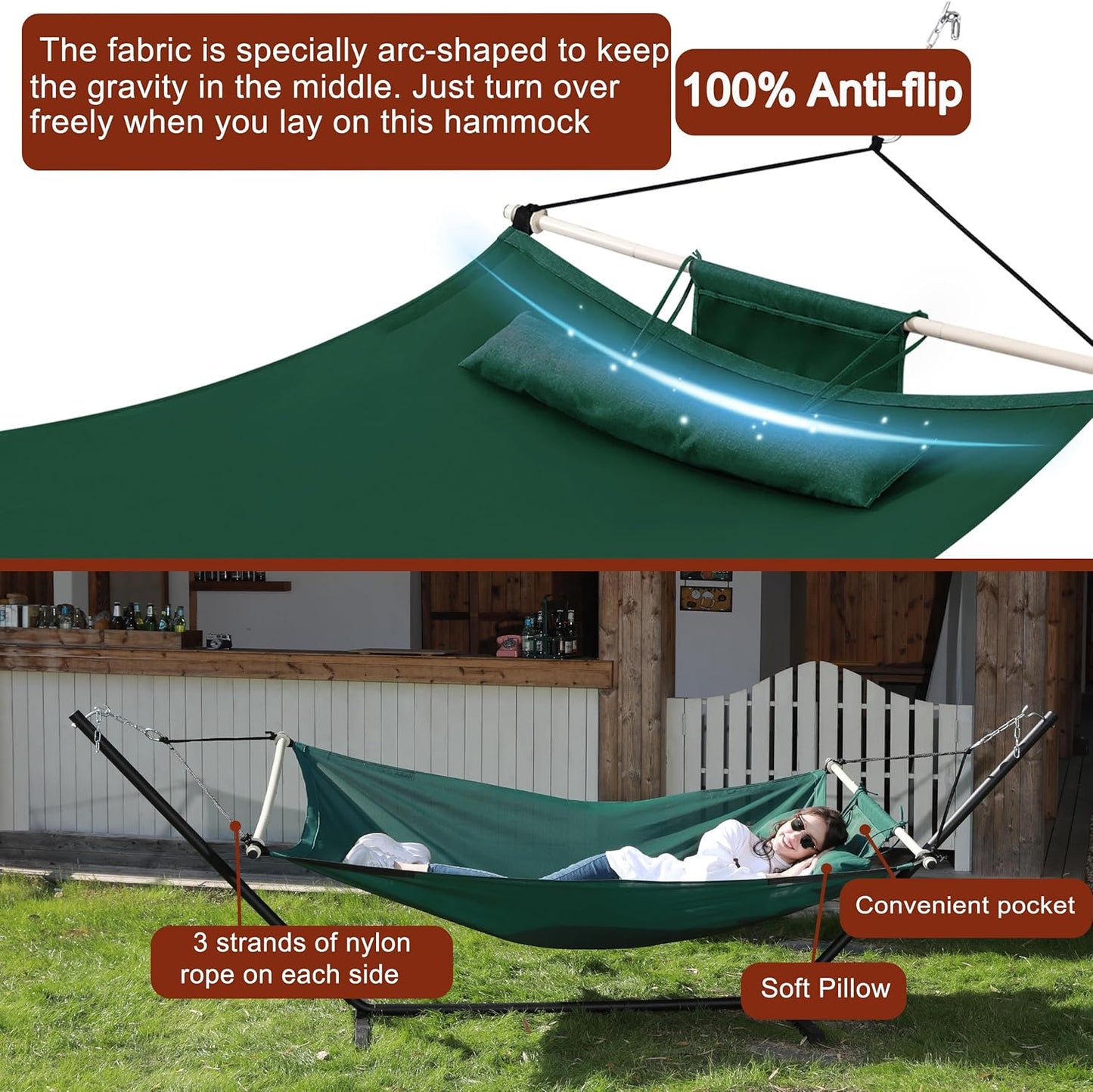 TegerDeger Anti-flip 12FT Hammock Large Hammock 450LB Capacity with Iron Spreader Bar & Nylon Rope for Outside, Patio, Garden, Backyard, Beach - Dark Green