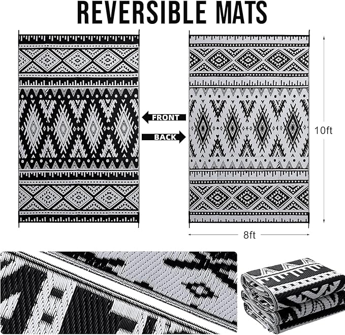 OLANLY Outdoor Rug Waterproof 8x10 ft, Reversible Outdoor Plastic Straw Rug, Boho Patio Rug, Indoor Outdoor Carpet, RV Mat Outside for Patio, Camp, Picnic, Balcony, Deck, Backyard, Black & White