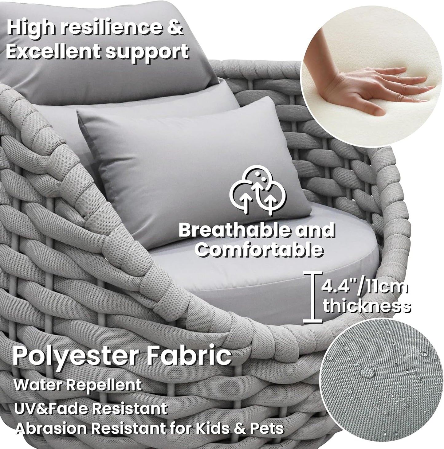 Front Porch Furniture Set: 3 Pieces Aluminum Patio Conversation Sofa Set for 2 - All Weather Woven Rope Outdoor Armchair Set w/Cushions No Assembly for Bistro Pool Yard Balcony Deck Hotel, Gray