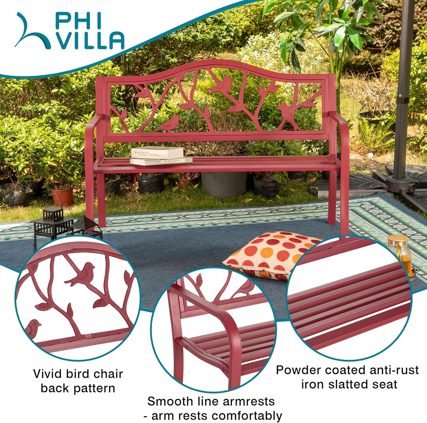 PHI VILLA Outdoor Patio 50" Metal Park Bench Red, Steel Frame Bench with Backrest and Armrests for Porch, Patio, Garden, Lawn, Balcony, Red Bird