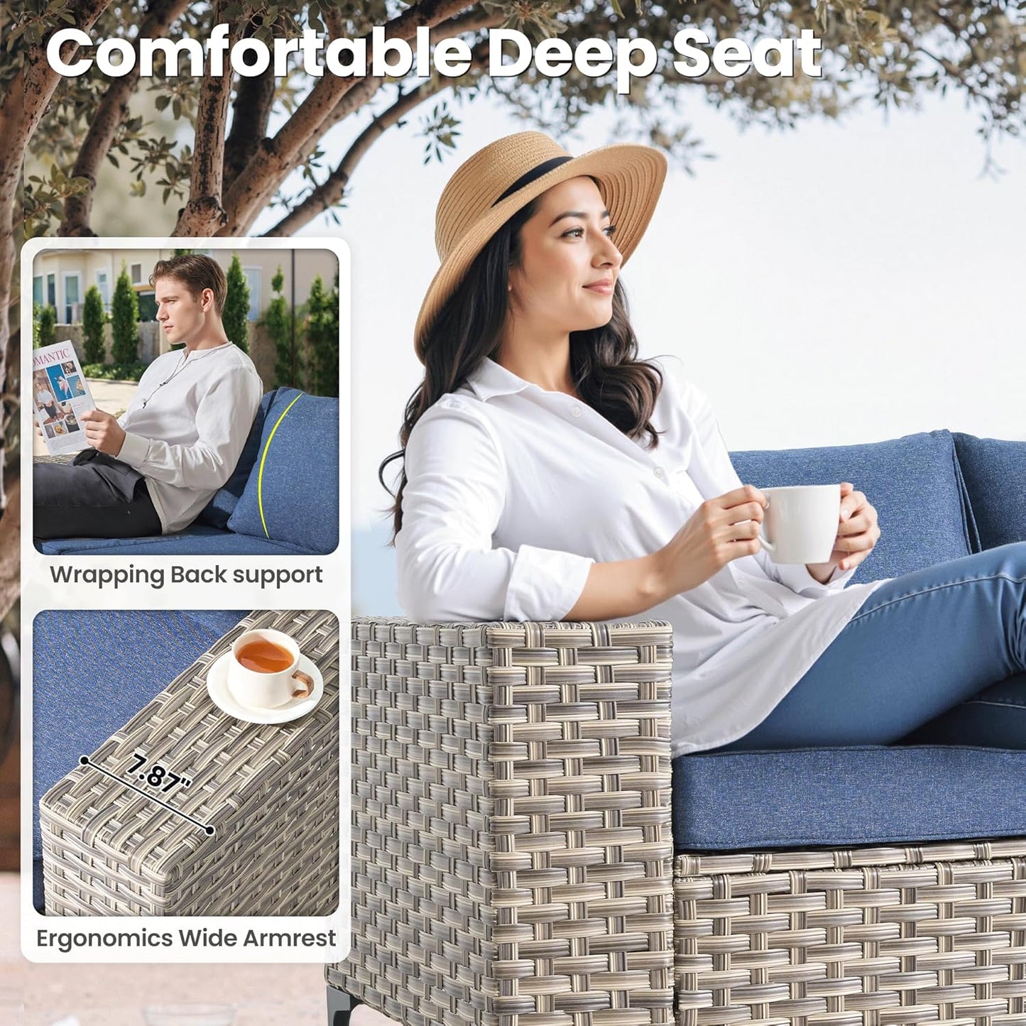 ovios 8 Pieces Patio Furniture Set Outdoor Sectional Sofa Couch with Rocking Swivel Chairs Deep Seat Chaise Comfy Cushions, Modern Modular Wicker Rattan Conversation Set, Denim Blue