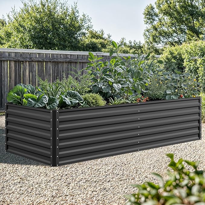 YITAHOME 8x4x2ft Large Raised Garden Bed Kit, Galvanized Metal Planter Box with Gloves, Ground Nails, Support Rod & Safety Rubber, Outdoor Above Ground Planters for Plants Vegetables Flowers, Black