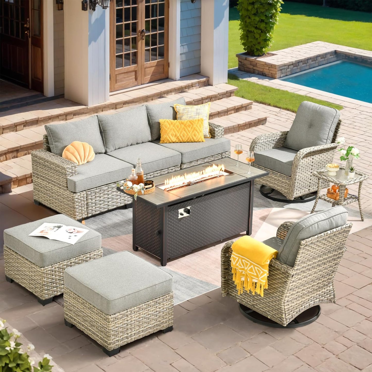 HOOOWOOO Outdoor Sectional Patio Furniture Set with Fire Pit Table,9 Pieces Wicker Conversation Sets,Extra Deep Out Door Sofa Outside Furniture Couch Swivel Chairs Ottoman,Charcoal Gray
