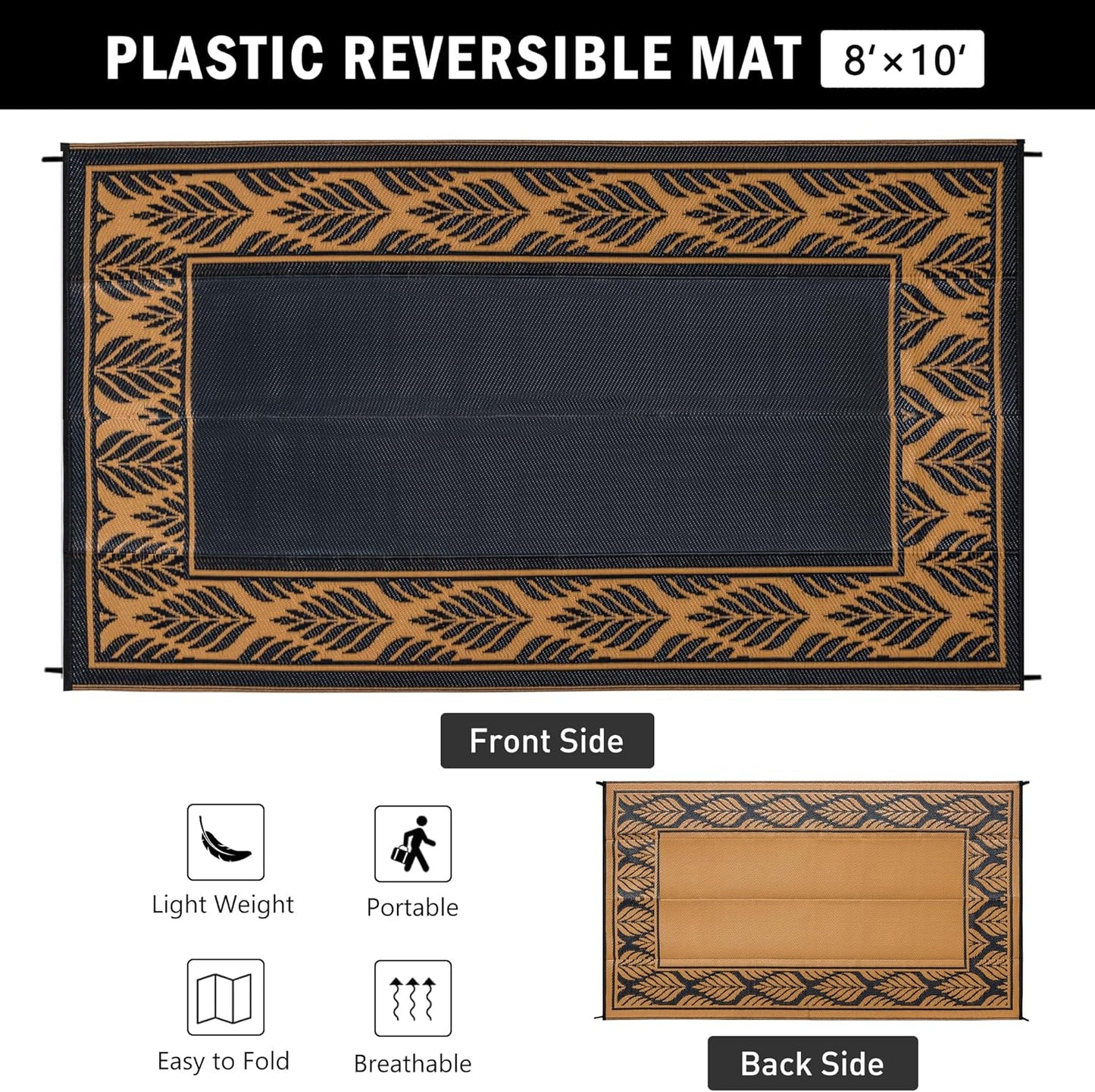 8x10 Patio Waterproof Outdoor Rug Outrside Camping Carpet RV Area Rug Reversible Brown Rugs for Deck Entryance Porch Picnic Balcony Beach