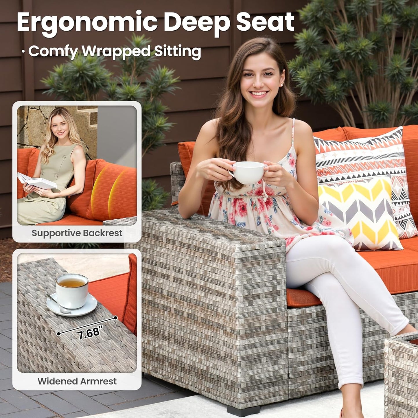 ovios 9 Pieces Patio Furniture Set, Outdoor Wicker Sectional Sofa with 42" Fire Pit Table Swivel Chair, Modern Modular Deep Seat Rattan Couch Conversation Sets, Orange Red