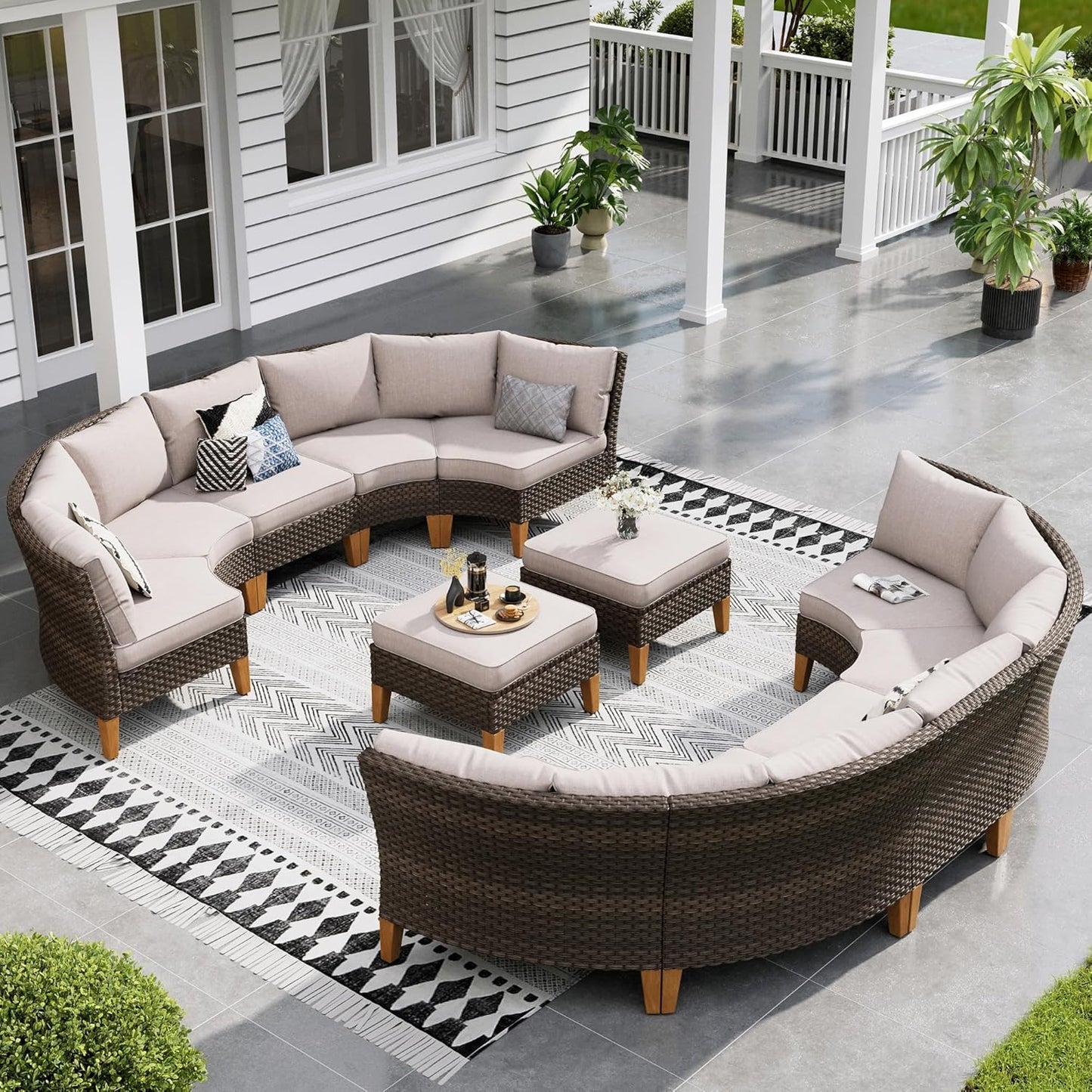 Sophia & William Oversized Half-Moon Outdoor Patio Furniture Set, 12 Piece Curved Outdoor Sectional Sofa Rattan Patio Conversation Set with 4 x Curved Sofa, 2X Armless Chairs, 2 x Ottoman, Beige