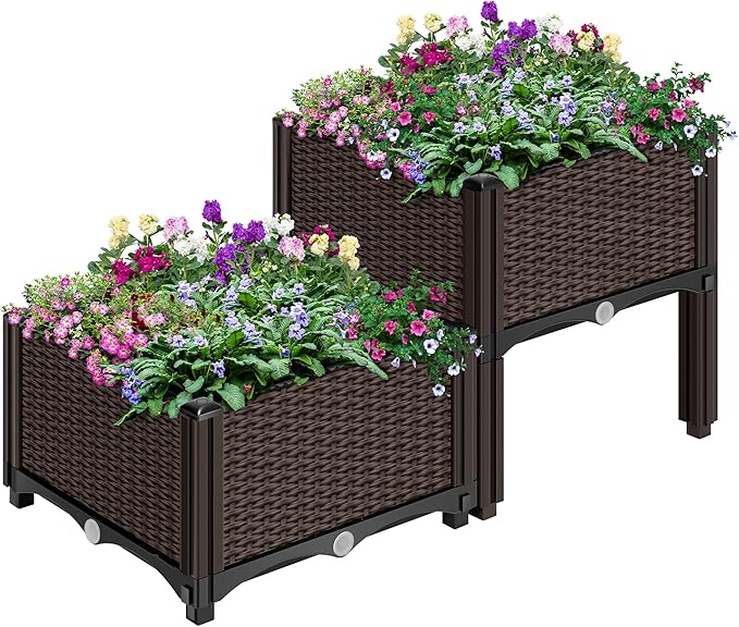 VIVOHOME 2 Packs Elevated Plastic Raised Garden Bed Planter Kit, Outdoor Planters Above Ground Flower Vegetable Standing Planter Box for Patio Deck Porch W/Drainage Holes