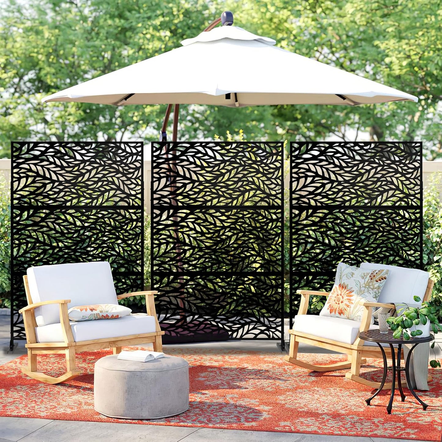 Metal Privacy Screen Outdoor 72" H×47" W,Freestanding Decorative Privacy Screen for Balcony Yard&Garden,Privacy Fence-Black&Leaves