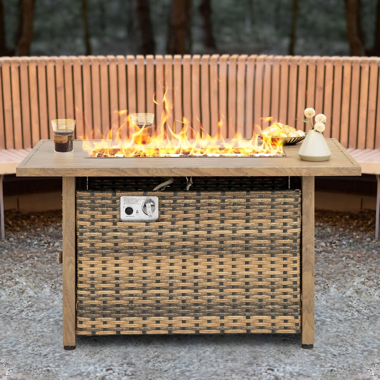 Nuu Garden 43" Propane Fire Pit Table, 50,000 BTU CSA-Listed Rattan Outdoor Gas Fire Pit with Lid & Glass Beads, Smokeless Rectangular Patio Heater Table for Backyard, Deck, Garden, Brown
