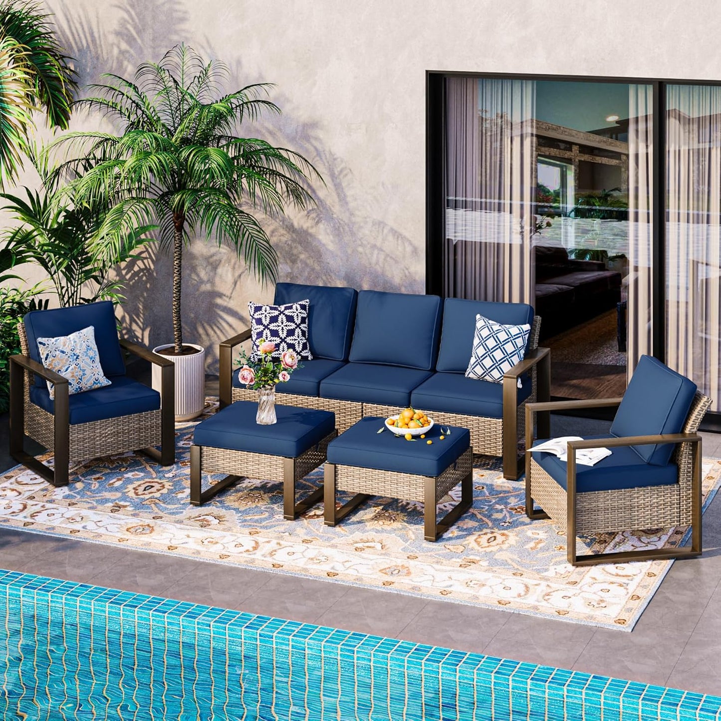 5 Pieces Metal Wicker Patio Furniture Set - 75" Sofa, Two Armchairs and Two Ottomans, All Weather Rattan Outdoor Conversation Furniture with Washable Cushion for Deck Porch, Dark Blue