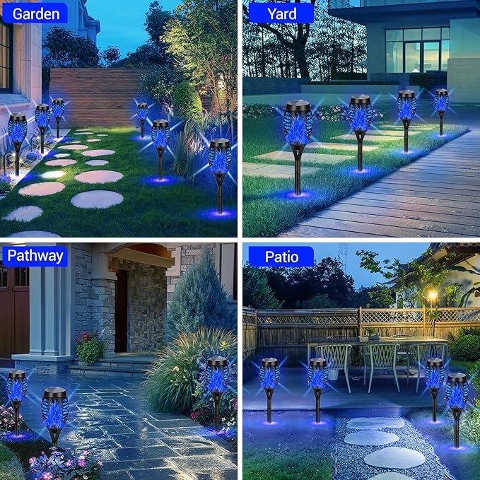 Solar Lights Outdoor, Upgraded 10 Pack Blue Solar Torch Light with Flickering Flame for Garden Decor, Waterproof Outdoor Lights Solar Powered, Tiki Torches for Outside Yard Patio Pathway Decor