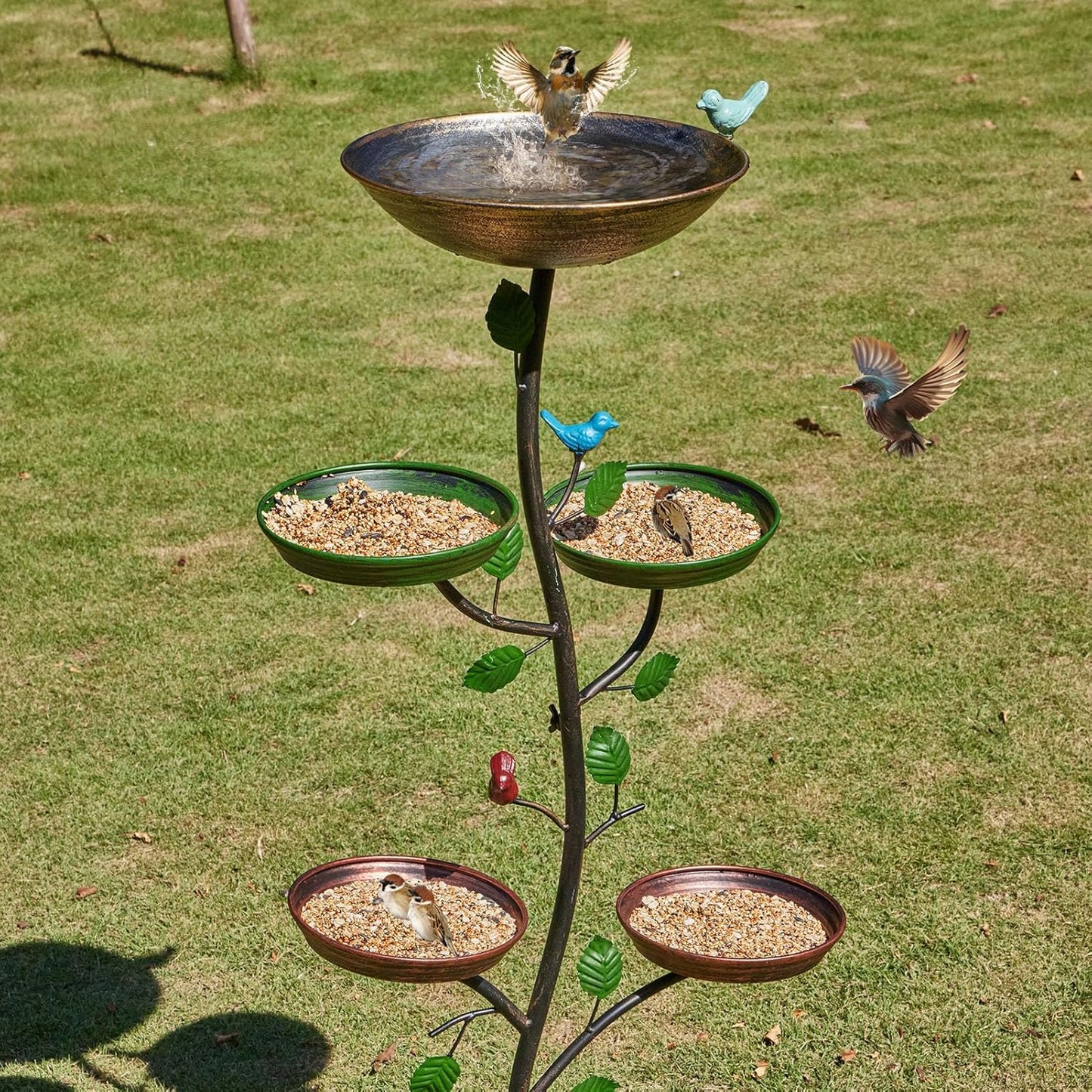 44.5" H Bird Baths for Outdoors with Metal Stakes, Standing Bird Baths with 4 Metal Bird Feeder Trays, for Garden Yard Decor
