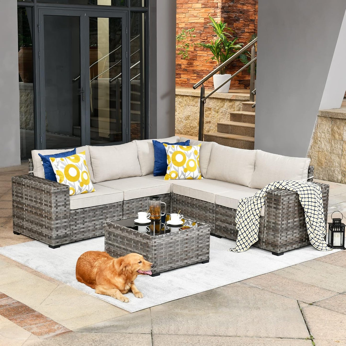 HOOOWOOO Modular Patio Outdoor Sectional Furniture Set,6 Piece Wicker Conversation Sofa Set,Out Door Couch Set with Wide Arm for Outside All Weather(Beige)