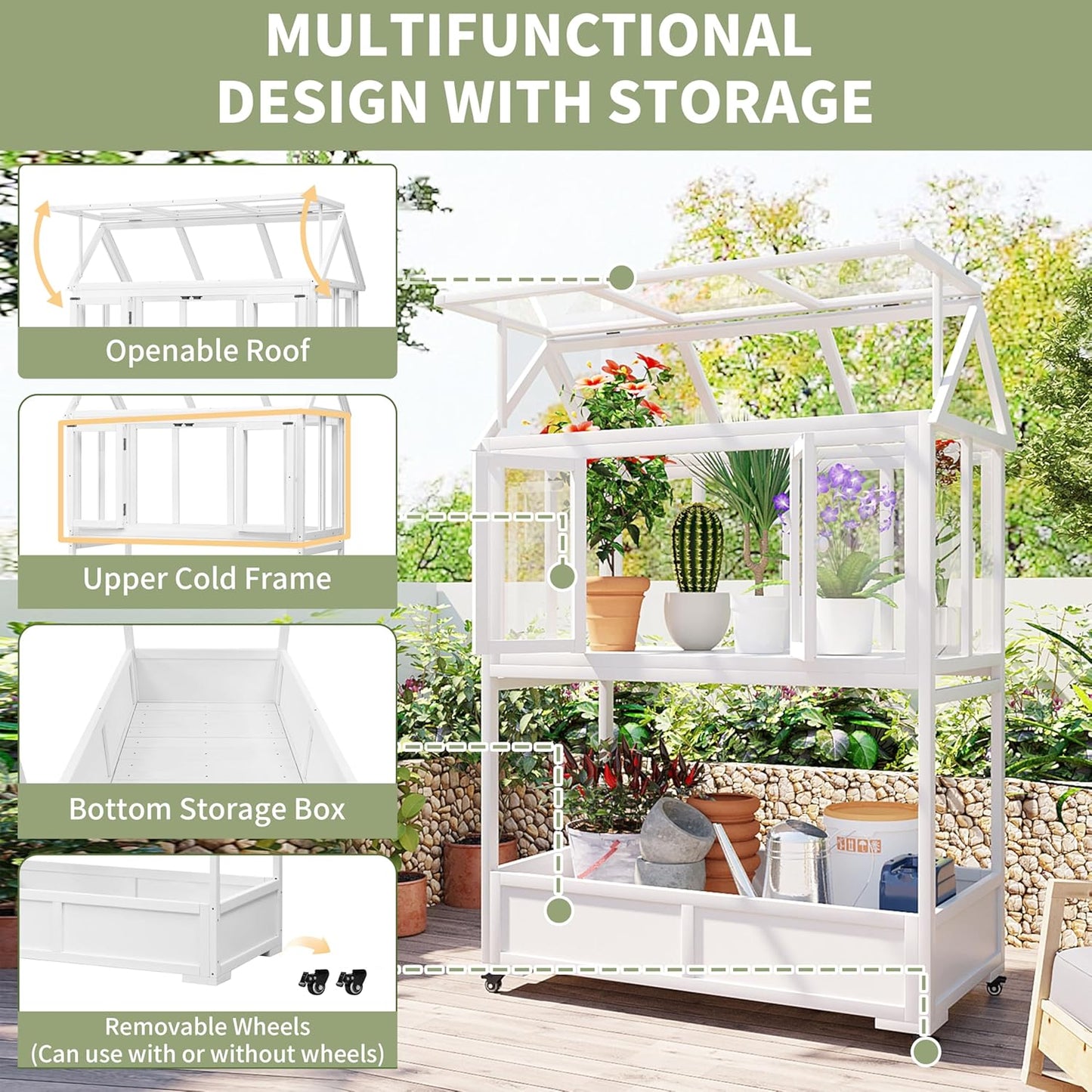 Greenhouse Cold Frames with Wheels - Adjustable Shelves Portable Cold Frame for Balcony/Patio, UV-Resistant Indoor Outdoor Plant Growing Cabinet (Large, Heavy-Duty) (White)