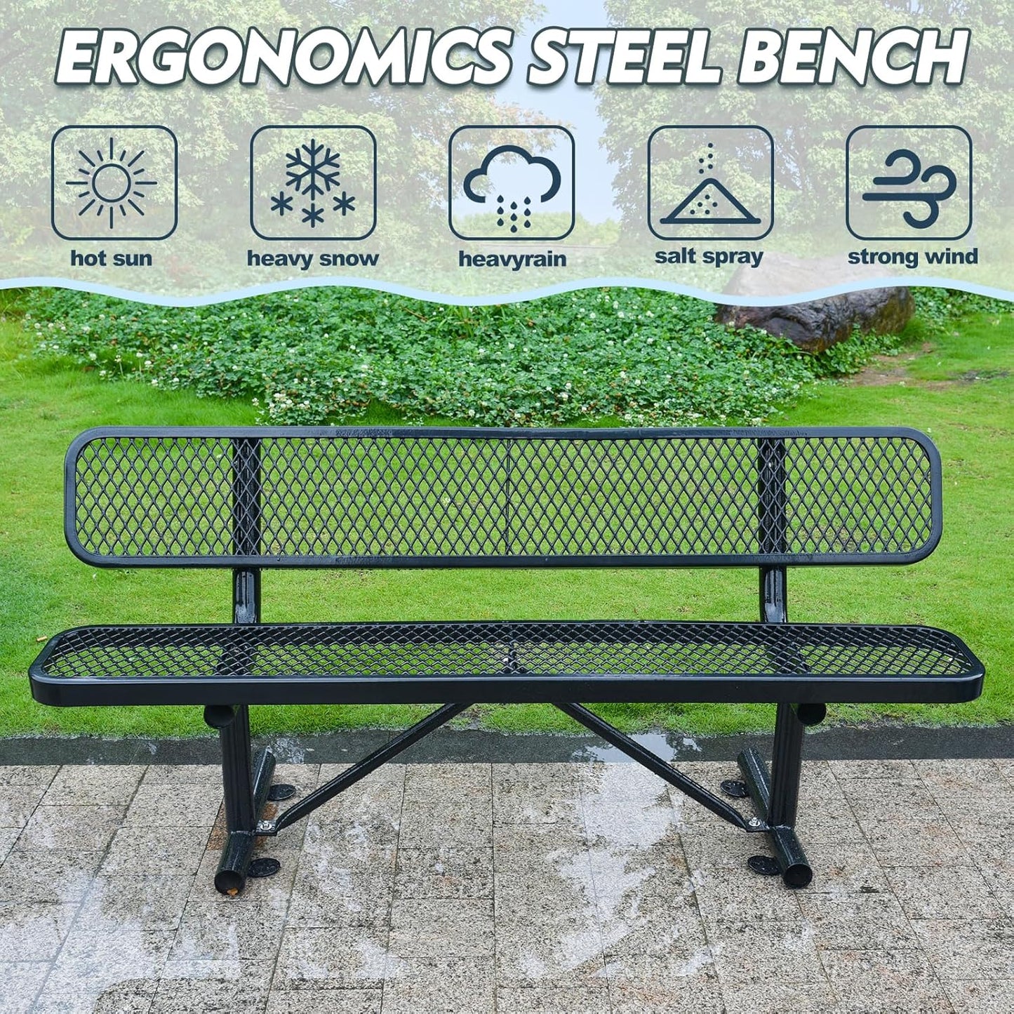 Drexo 6FT Heavy Duty Park Bench with Back Portable Frame, Outdoor Metal Park Bench with Backrest, Steel Mesh Outdoor Bench for Garden, Lawn, Patio, Porch, Park, Yard, Black