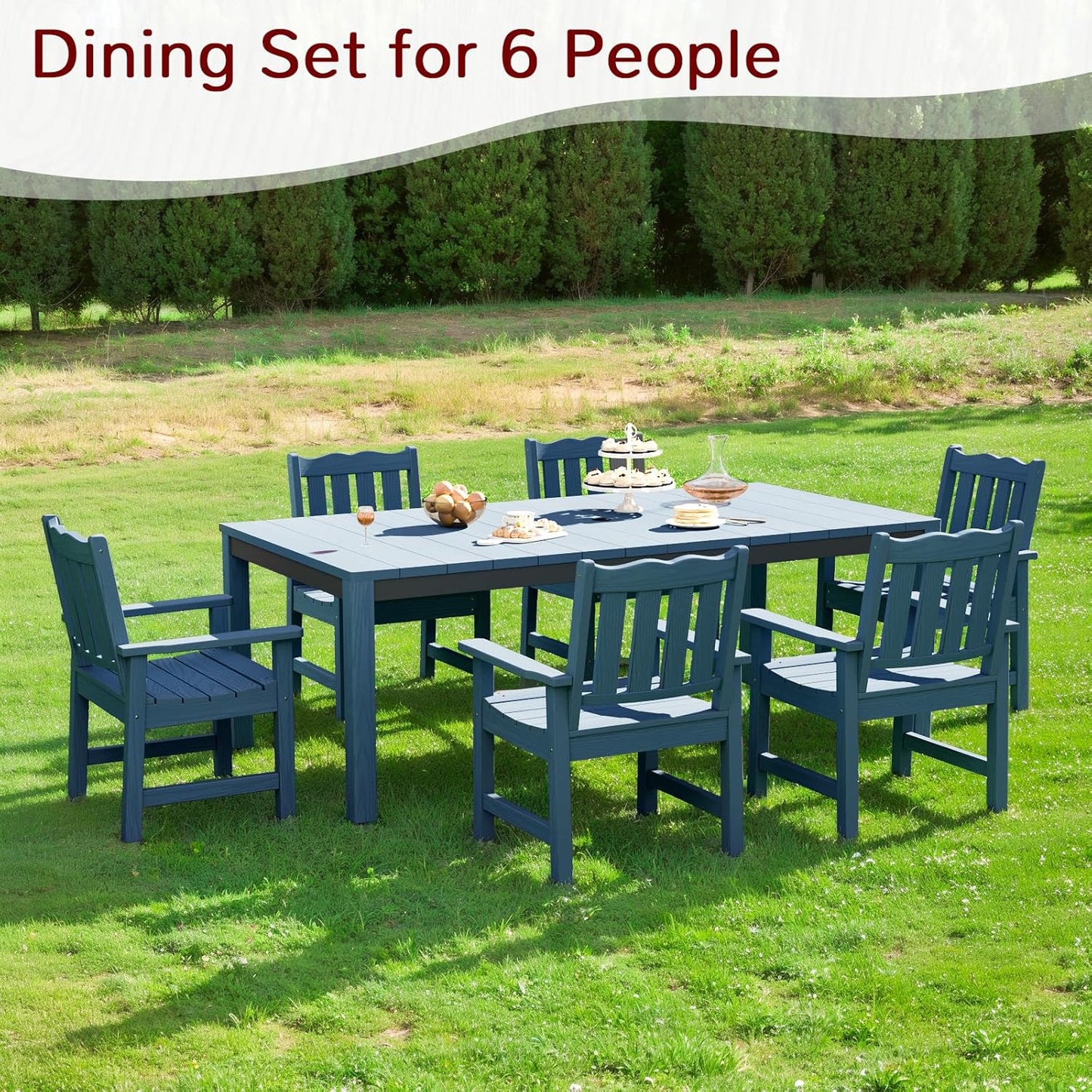 Stoog All-Weather Patio Dining Sets, 7 Pieces Waterproof Dining Table and Chairs Set, HIPS & Aluminum Dining Table with Umbrella Hole, Never Rot or Fade, for Garden, Backyard, Deck, Blue