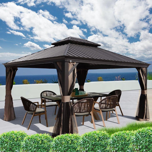 Kozyard Alexander Hardtop Aluminum Permanent Gazebo with a Mosquito Net and Privacy Sidewalls (Alexander 12'x14' (Brown)