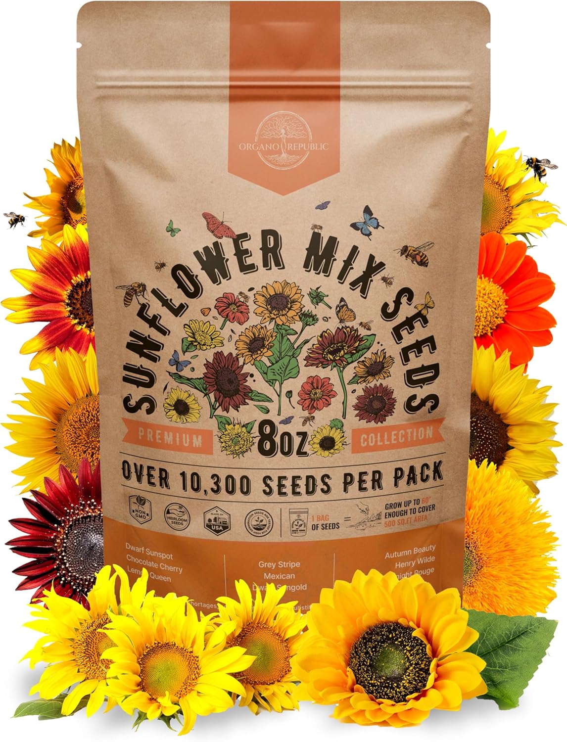 Sunflower Mix Seeds Pack 8 oz - Over 10,300 Non-GMO Heirloom Sunflower Seeds for Planting, Annual Flowers in Individual Seed Packet for Planting Home Garden Indoor & Outdoor Gardening