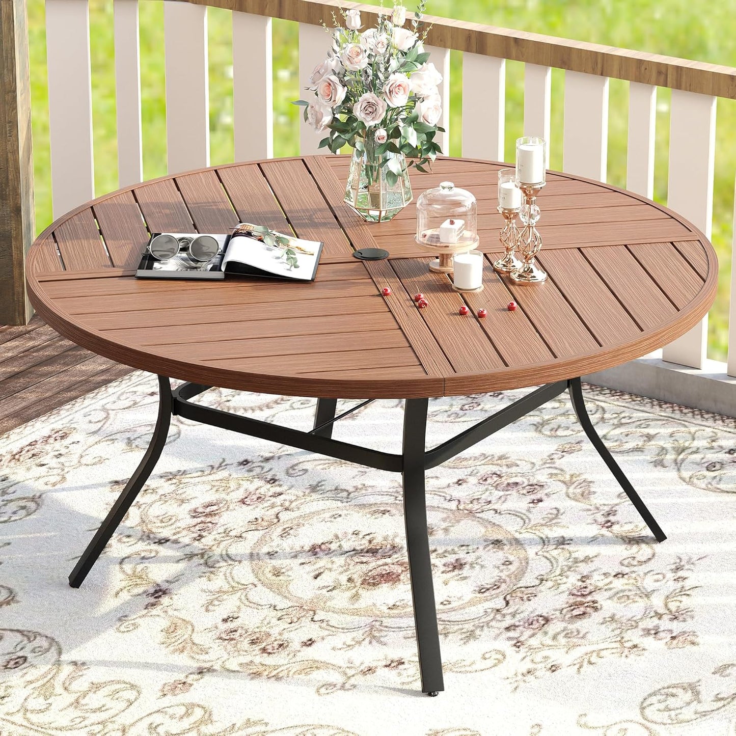 VICLLAX Round Patio Table with Adjustable Umbrella Hole for 8, All Weather Metal Outdoor Dining Table for Lawn Garden, 53.1" Outdoor Coffee Table, Walnut Wood-Like Tabletop