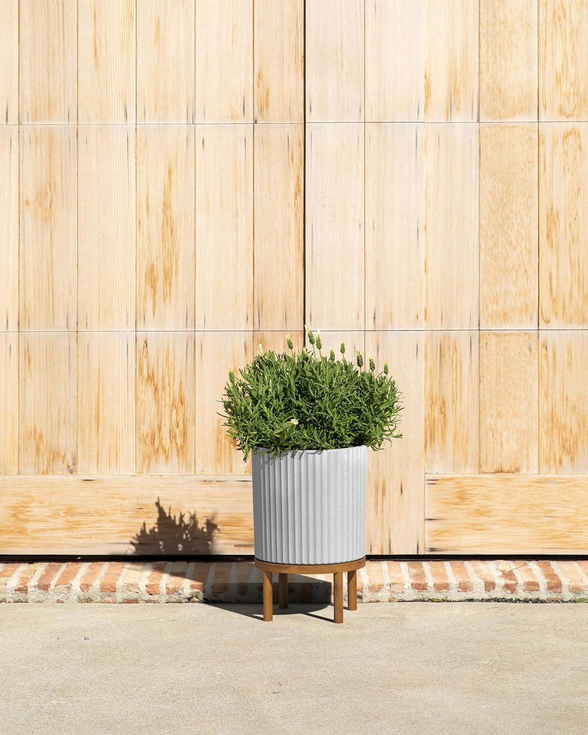 Veradek Demi Series Round Planter w/Stand for Porch/Patio | Durable Plastic-Stone Composite & Wooden Stand | Modern Décor for Tall Plants, Flowers