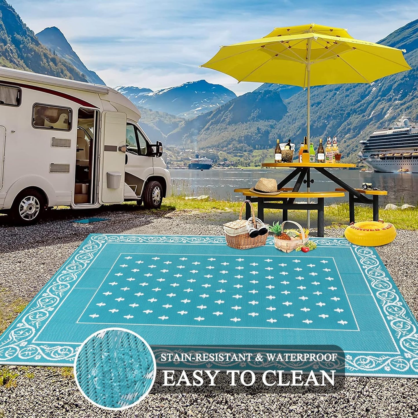 Pauwer Waterproof Outdoor Rug 8x10, Reversible Plastic Straw Patio Camping Rug, Indoor Outdoor RV Mat Carpet for Deck, Camper, Porch, Balcony, Backyard, Picnic, Bordered Teal