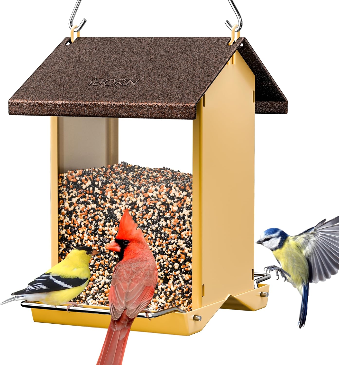 iBorn Bird Feeders for Outdoors,Bird House Feeder with Weatherproof Metal Roof & 8 Drain Holes,Fully Detachable Birdfeeder Design,Easy Clean & Refill,Chew-Proof PC Windows,1.5 Lbs Capacity,Coffee Roof