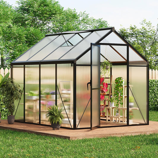 6 x 8 FT Greenhouse, Greenhouses for Outside, Polycarbonate Greenhouse with Aluminum Frame, Lockable Door and Ajustable Roof Vent for Backyard, Green Houses for Outside Garden Backyard, Patio