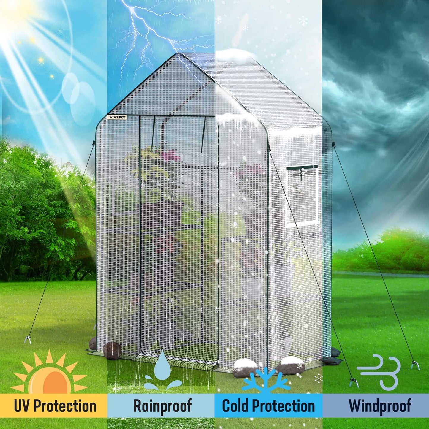 WORKPRO Greenhouse, 56"X 28" X 77" Portable Small Greenhouses for Outdoors & Indoors, Sturdy Green House Kit with Thicken PE Cover, Windows, 3 Tier 4 Shelves for Patio, Backyard, Balcony