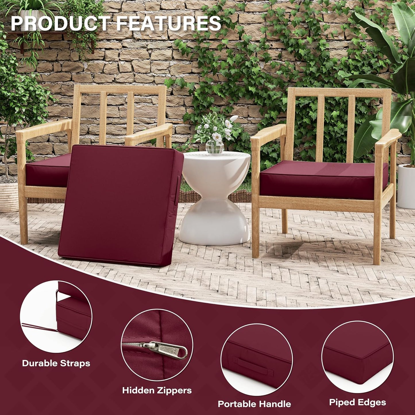 Patio Chair Cushions 22 X 22 X 4 Inch Waterproof Outdoor Seat Cushions for Patio Furniture, Outdoor Sofa Couch Pads with Ties & Handle, Set of 2, Burgundy