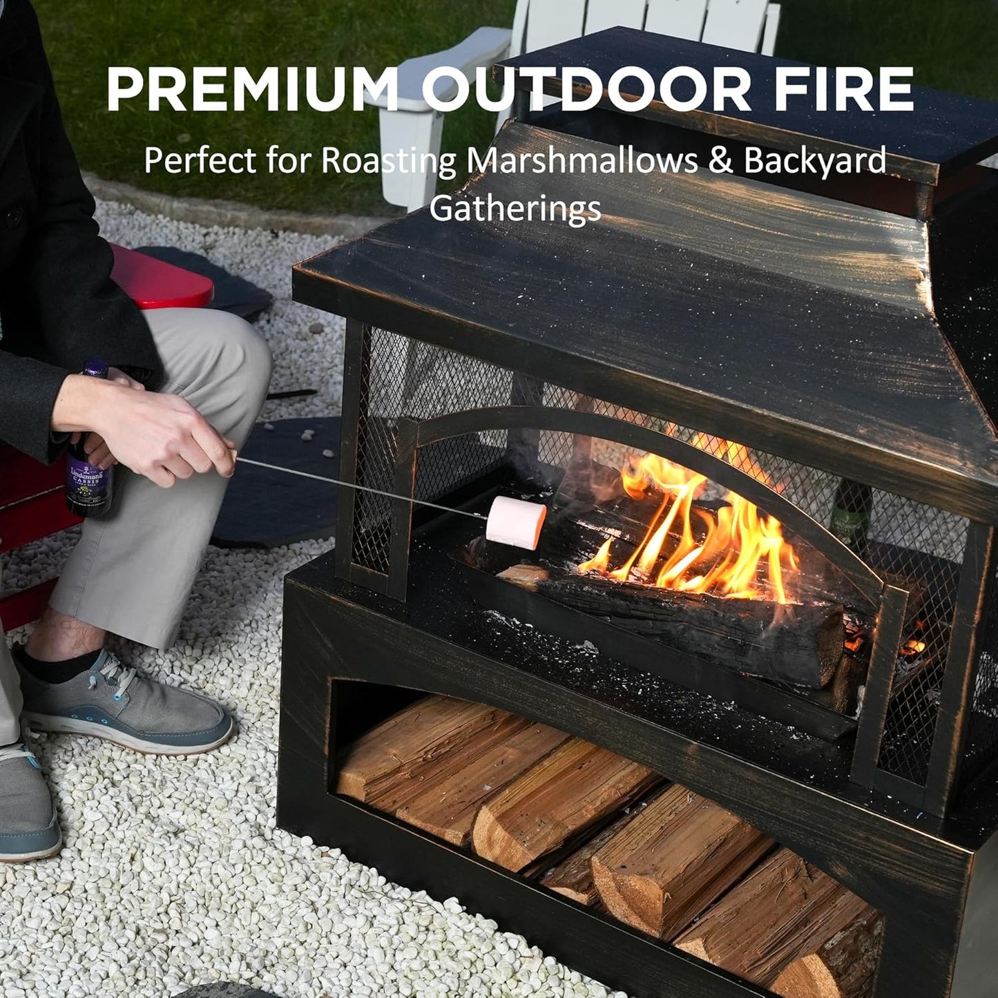 Red Mountain Valley 37in Outdoor Wood Burning Fireplace, Large Outdoor Fire Pit with Log Grate and Poker, Chimney Outside Fireplace with Firewood Racks Storage for Patio, Garden and Backyard