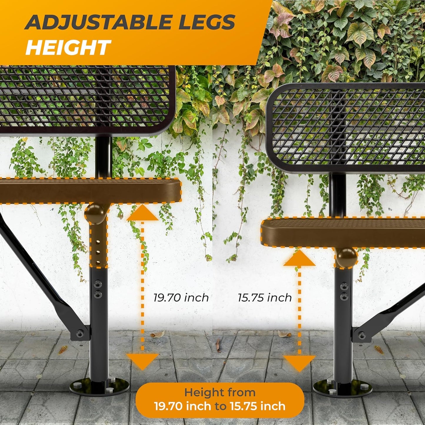 Heavy-Duty Outdoor Metal Bench, Thermoplastic-Coated, Surface, Weatherproof, Commercial-Grade for Parks, Gardens, Patios, Stores & More (4 Ft - Surface with Back, Black)