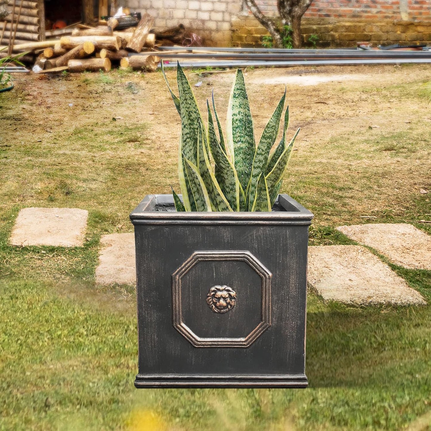 Kante Square Lion Head Concrete Planter, Classic English Style Plant Pot with Drainage Hole and Rubber Plug for Indoor Outdoor Garden Patio Home, 12.6"x12.6"x12.6" Metallic Chestnut