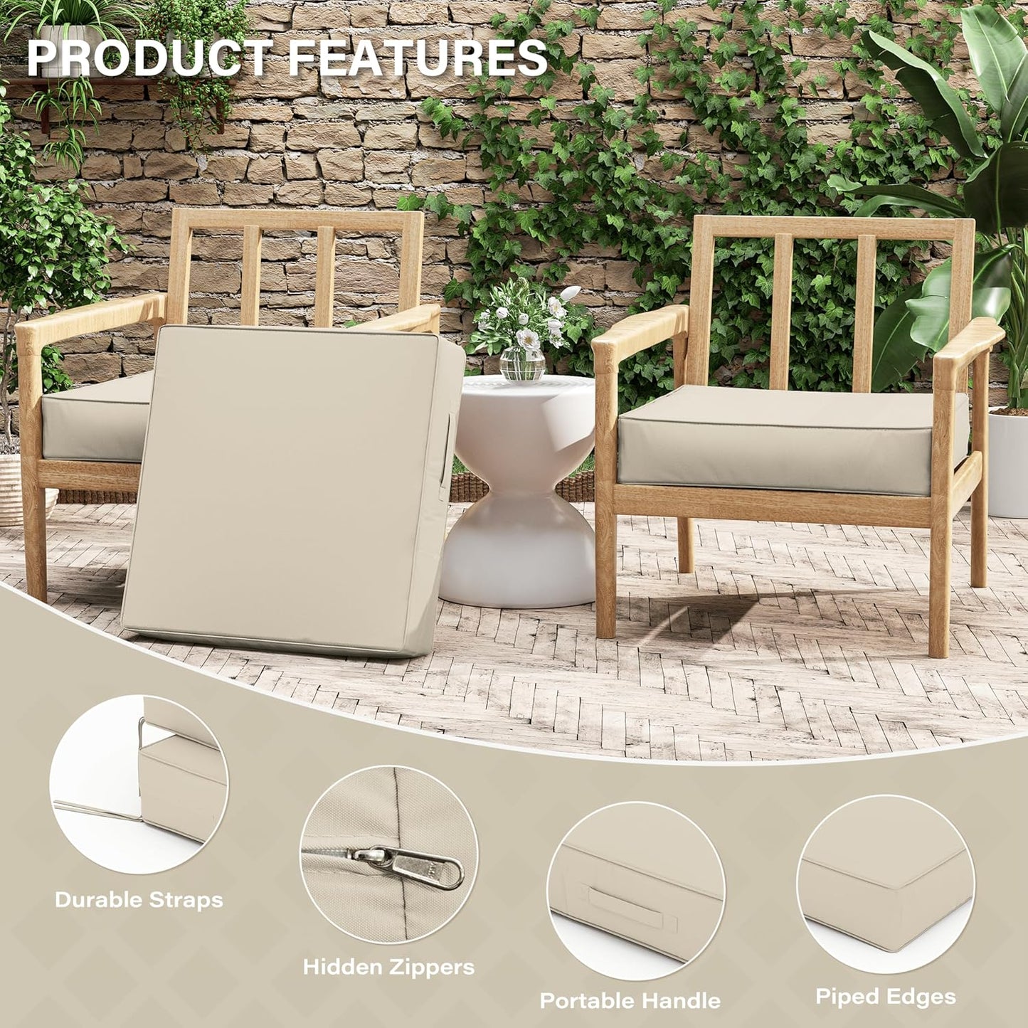 Patio Chair Cushions 24 X 24 X 5 Inch Waterproof Outdoor Seat Cushions for Patio Furniture, Outdoor Sofa Couch Pads with Ties & Handle, Set of 2, Cream