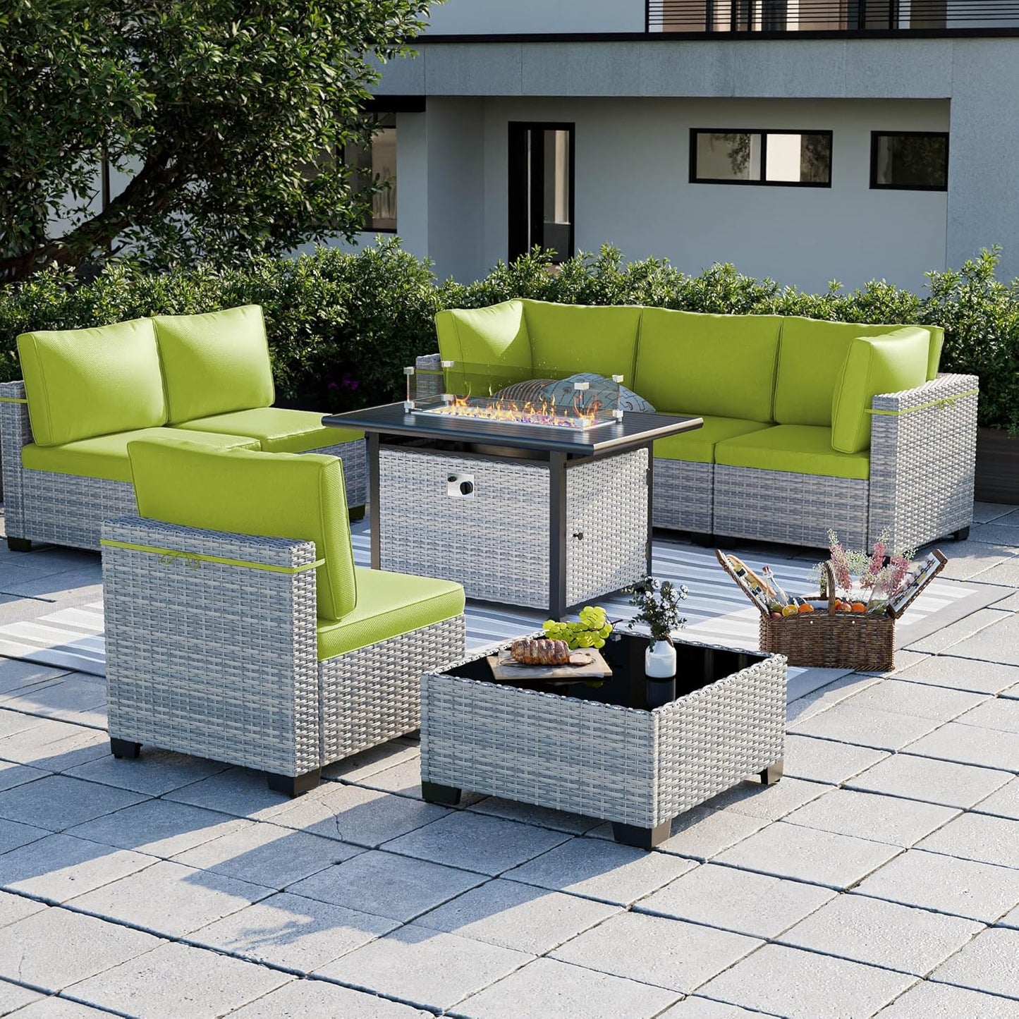 8-Piece Patio Furniture Set, Outdoor Patio Furniture with 55,000 BTU Fire Pit Table, Thick Cushions, Modular Patio Sofa, Dual-Strand Wicker Rattan, Rust-Resistant Frame, Grass Green