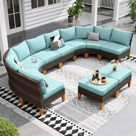 Sophia & William Patio Furniture Set, 10 Piece Half Moon Outdoor Wicker Sectional Sofa Set, High Back Rattan Conversation Set with Ottoman for Backyard, Deck, Pool(Aqua Blue)
