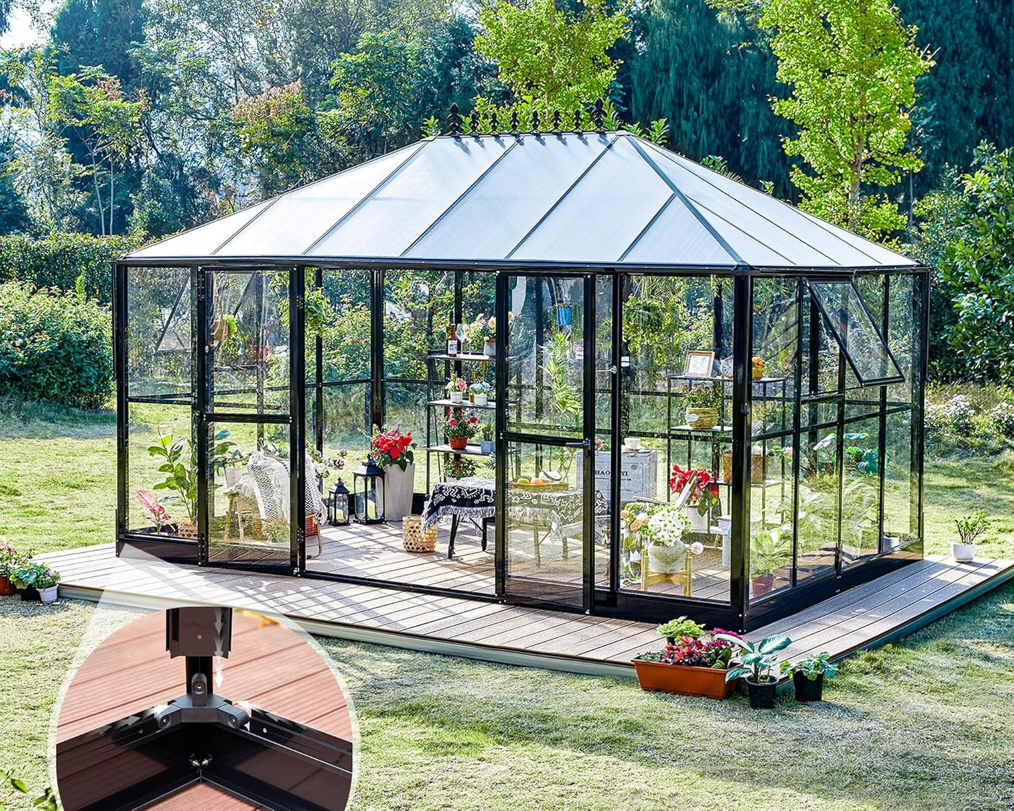 AMERLIFE 14x9.5x9 FT Hybrid Polycarbonate Greenhouse Quick Connector Fast Assembly, Swing 2 Doors Clear Panels, Walk-in Large Aluminum Greenhouse for Outdoors, Black