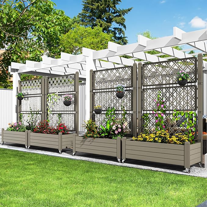 YITAHOME 3.6x1.5x5 FT Planter Box Trellis with Wheels, Large Outdoor Plastic Raised Garden Bed with Drain Plug for Climbing Plants, Light Brown