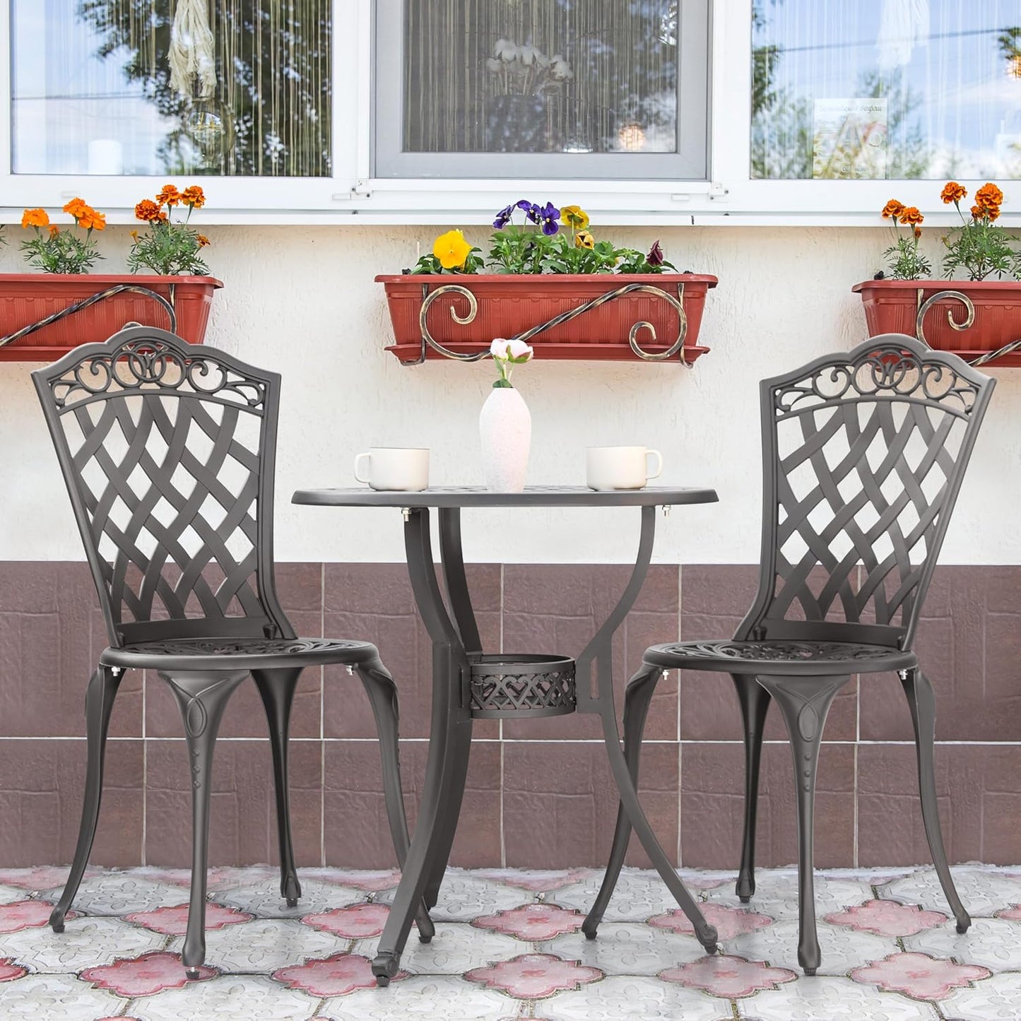 NUU GARDEN 3 Piece Outdoor Bistro Table Set, All Weather Cast Aluminum Patio Bistro Sets Patio Table and Chairs Set of 2 with Umbrella Hole for Yard, Garden, Balcony, Black