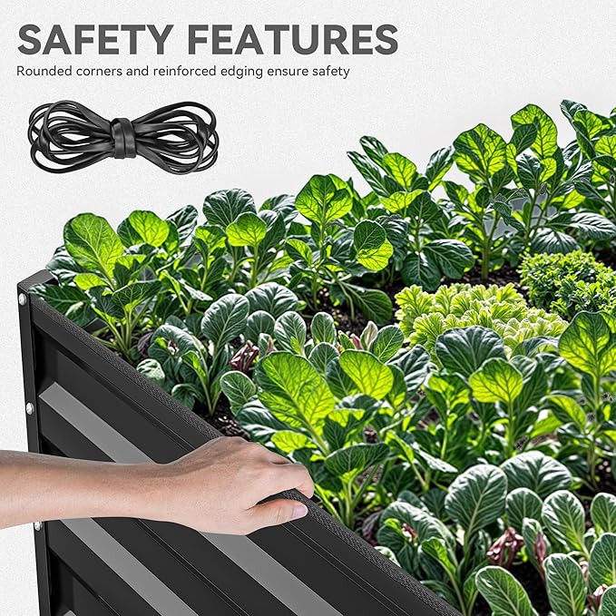 YITAHOME 96x48x24 in Galvanized Raised Garden Bed Kit, Large Metal Planter Box with Gloves, Safety Rubber & Support Rod, Outdoor Flower Bed for Plants Vegetables, Black