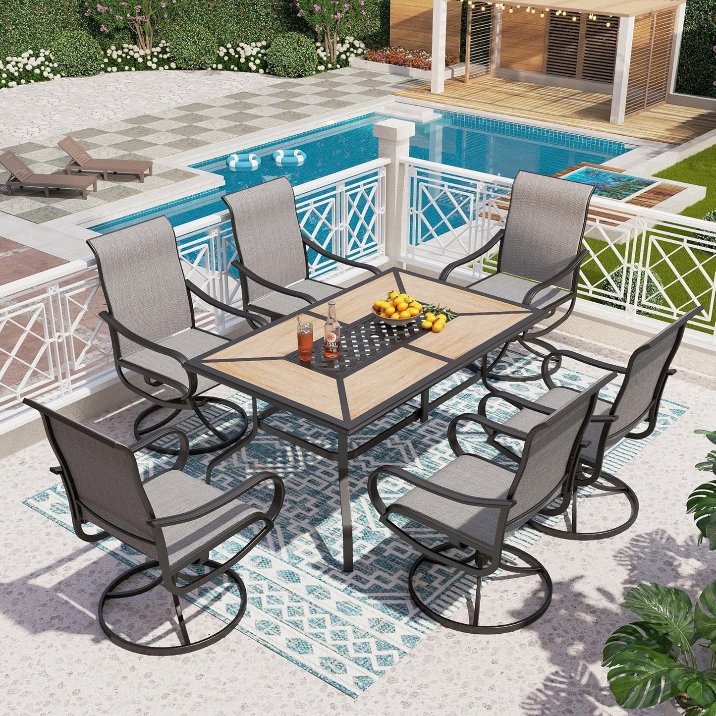 PHI VILLA 7 Piece Patio Dining Set, 6 Swivel Patio Chairs with Textilene Mesh Fabric & Rectangular Wooden-Like Dining Table(1.6" Umbrella Hole), All Weather Patio Chairs and Table Set for Deck (Grey)