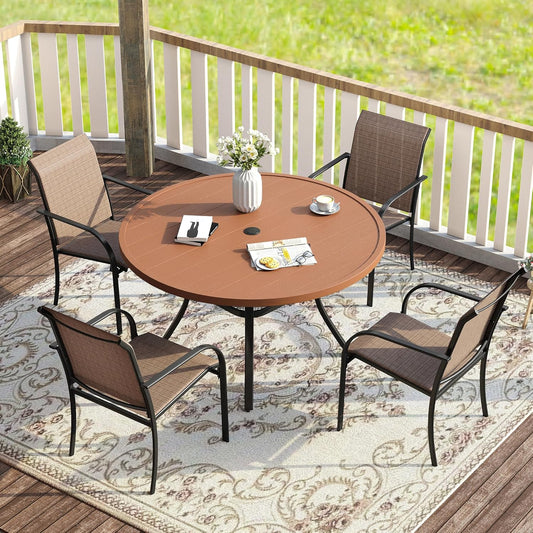 VICLLAX Patio Dining Set for 4, 5 Pieces Outdoor Furniture Set Includes 41.7" Round Patio Table and 4 Patio Stackable Chairs, Outdoor Table and Chairs for Outsides, Walnut Tabletop and Brown Fabric