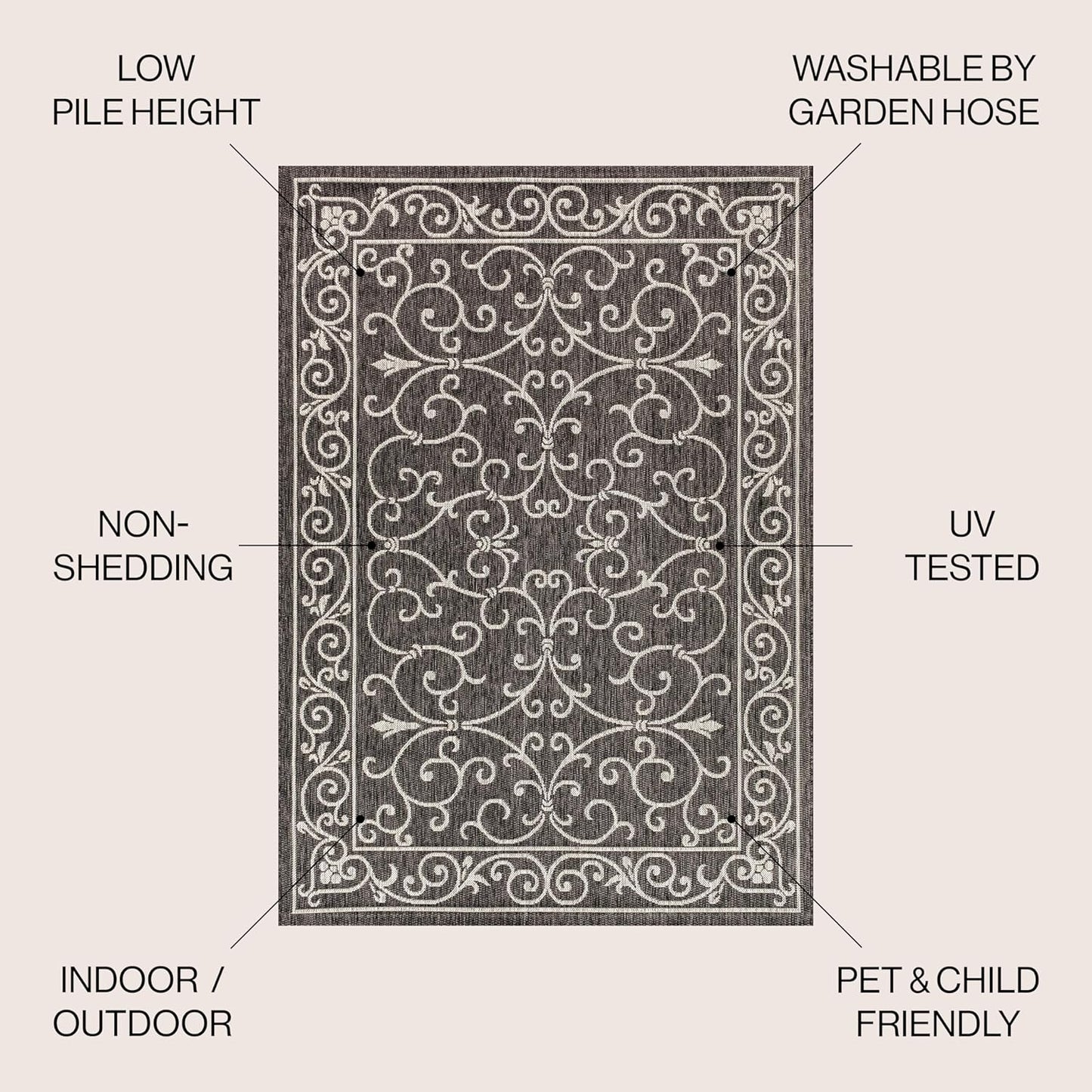 JONATHAN Y SMB106G-5SQ Charleston Vintage Filigree Textured Weave Black/Gray 5' Square Indoor/Outdoor Area Rug, Pet Friendly, Non-Shedding, Stain Resistant, Easy-Cleaning for Backyard, Patio, Porch