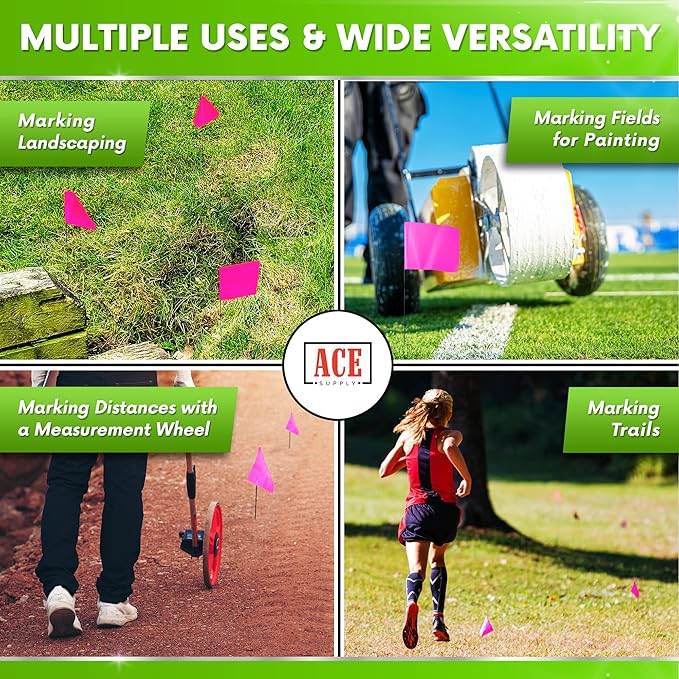 Fluorescent Pink Marking Flags, 100 Pack - 4x5-Inch Marker Flags - 15-Inch Wire - for Lawn, Irrigation, Dog Training, Landscape, Survey