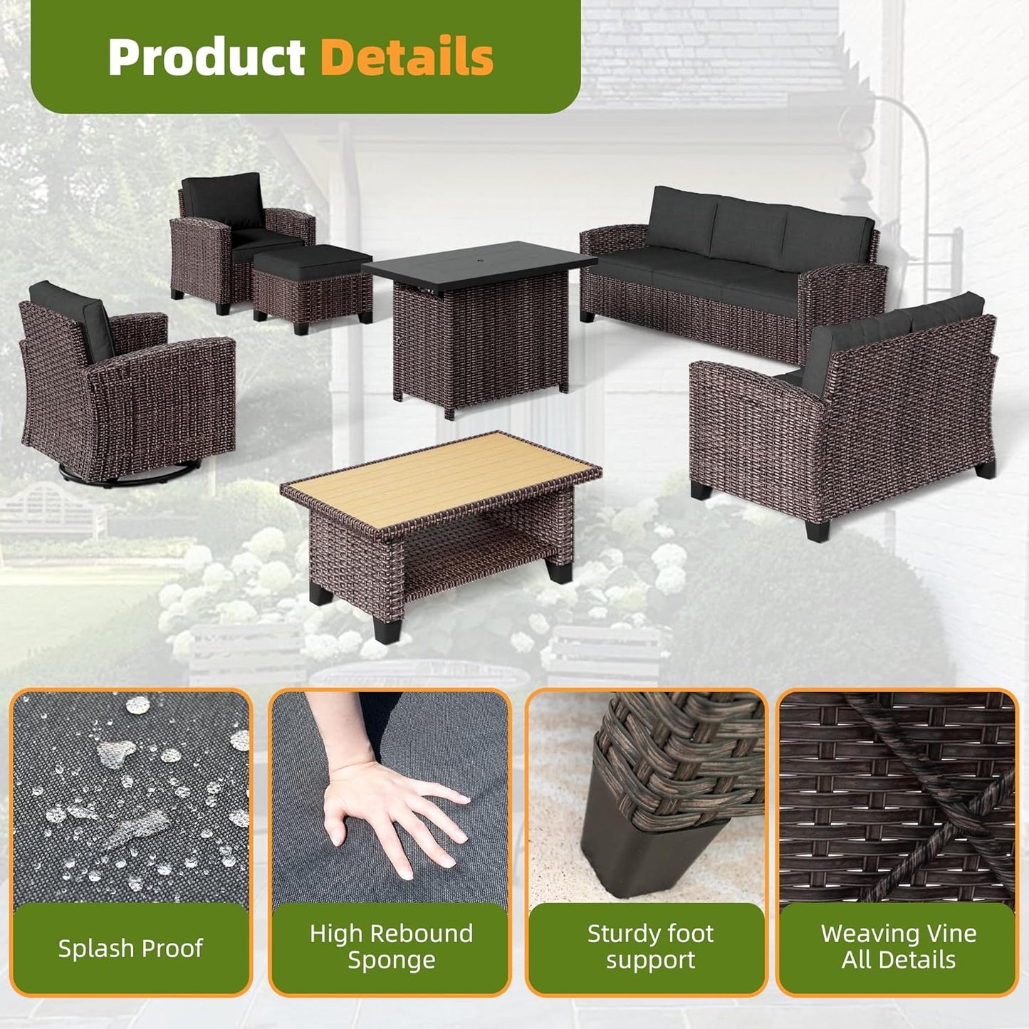 Outdoor Patio Sectional Sofa Set, 6-Piece Rattan Furniture, Patio Conversation Sets with Ottomans, Seats 7, Light Grey