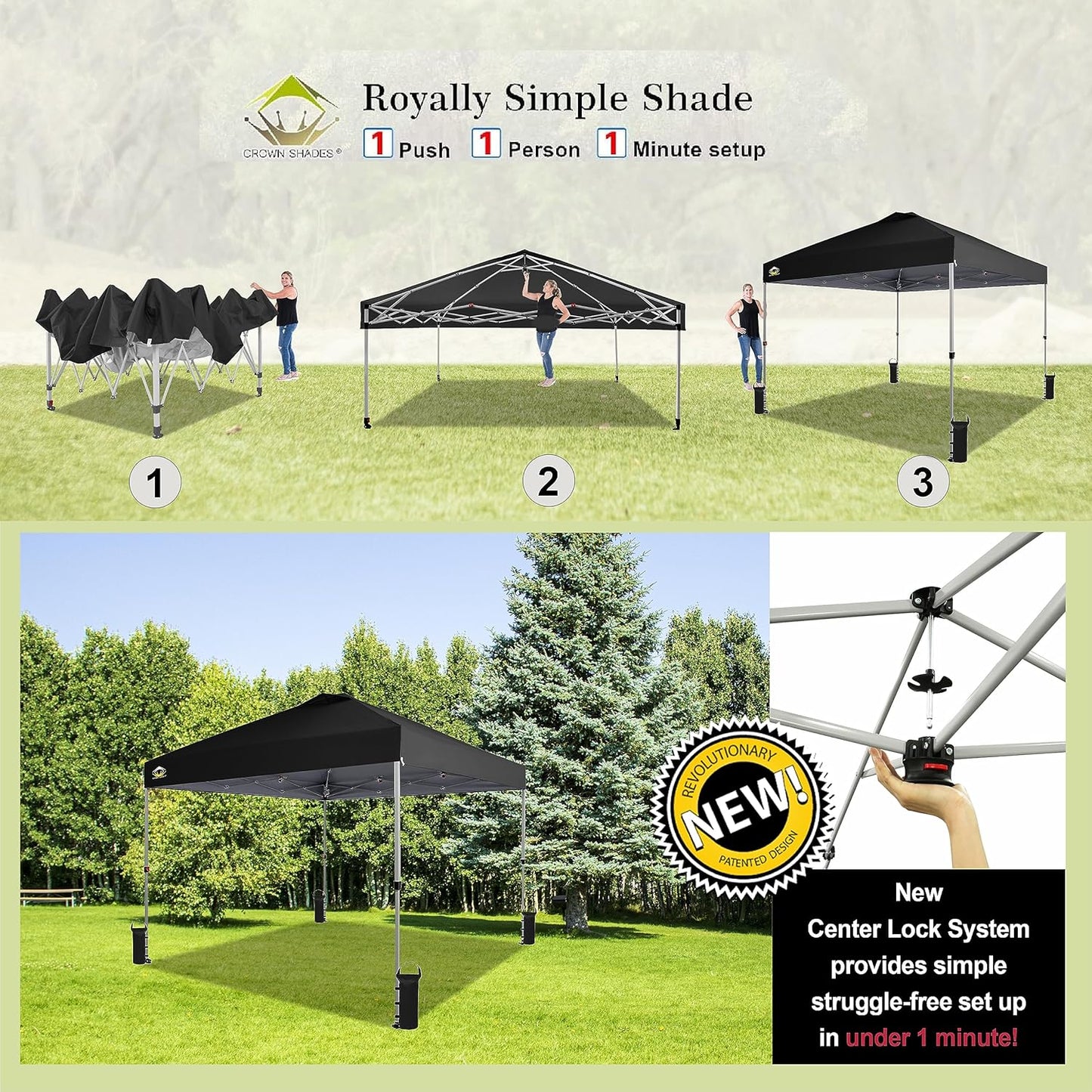 CROWN SHADES 10x10 Pop Up Canopy - Beach Tent with One Push Setup - Easy Outdoor Sun Shade for Events, Parties, Camping - Gazebo with STO-N-Go Cover Bag, Silver Coated Top, Black