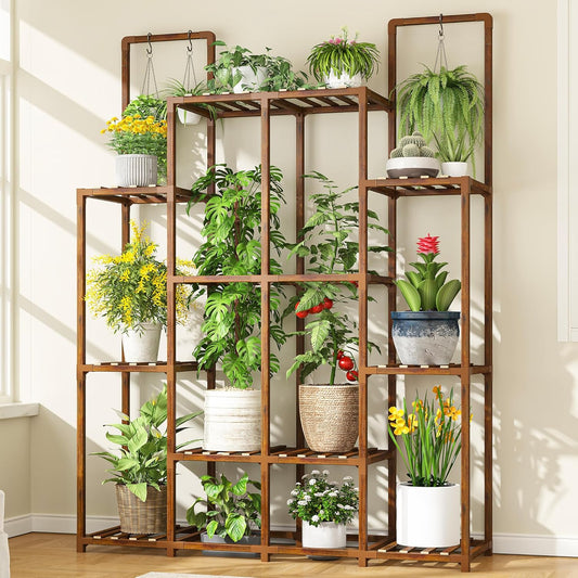 EnHomee Plant Stand Indoor Wood Plant Stand Outdoor Plant Shelf with 14-18 Potted Double Rod Large Plants Holder 440LBS Plants Shelves for Living Room Patio Balcony Yard Garden 44.8''W×11.6''D×47''H