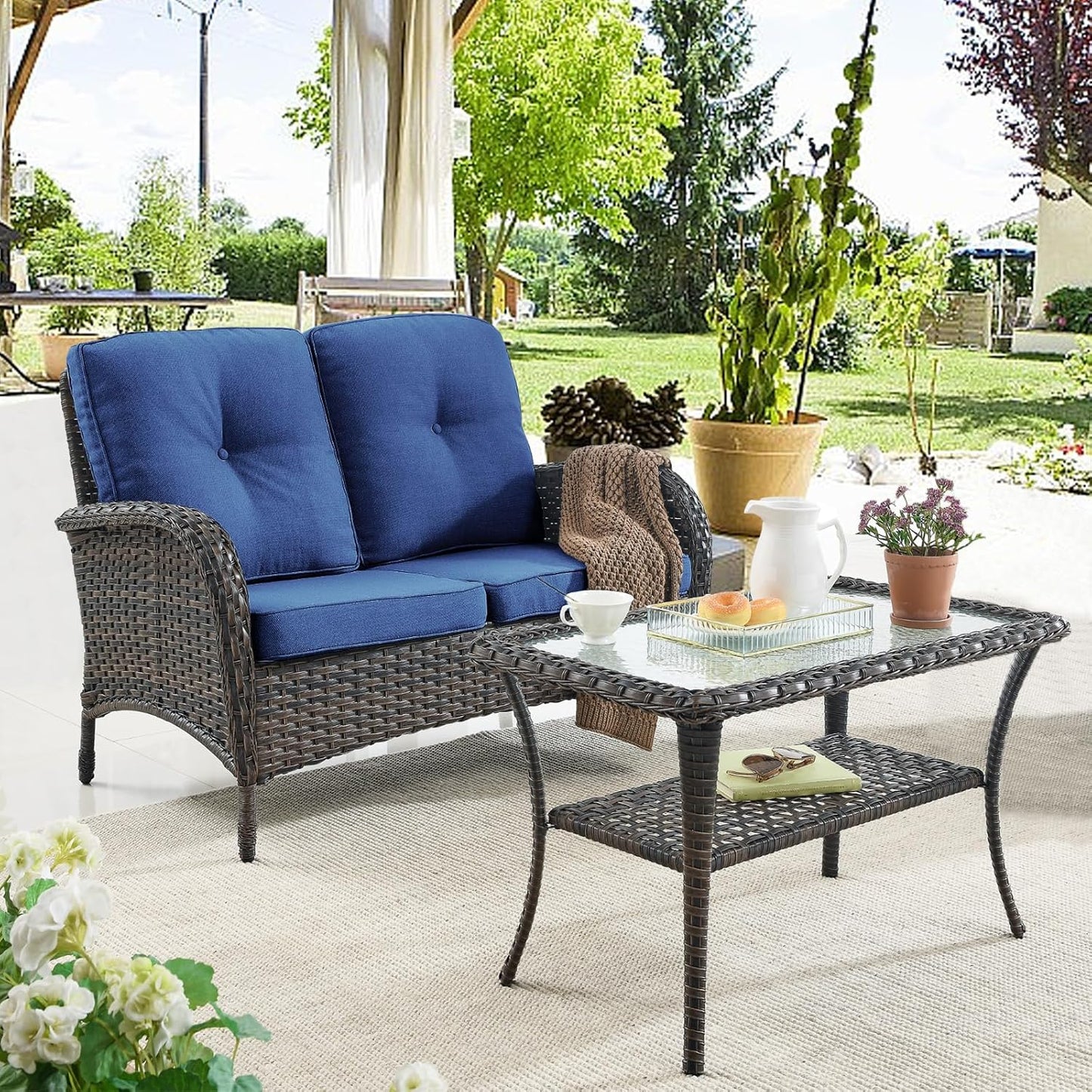 Patio Wicker Furniture with Swivel Rocker Chairs Loveseat, 5 Piece Rattan Furniture Outdoor Table and Chairs Set for Patio Deck Porch Backyard